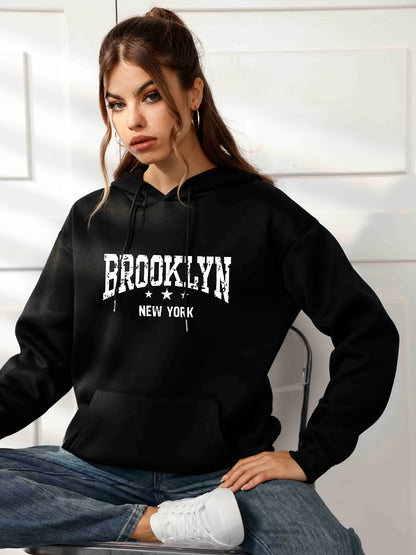 Trendy Letter Print Drawstring Sweater, Loose Kangaroo Pockets Long Sleeve Pullover Hoodies, Women's Sweatshirt