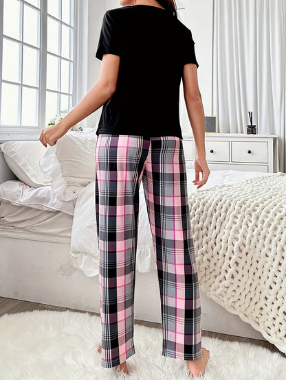 Womens Cozy Plaid Heart & Slogan Print Relaxed Fit Pajama Set - Soft Mid-Elasticity Polyester Crew Neck Top & Pants with Bow Details - Comfortable Casual Sleepwear for Adults All Seasons