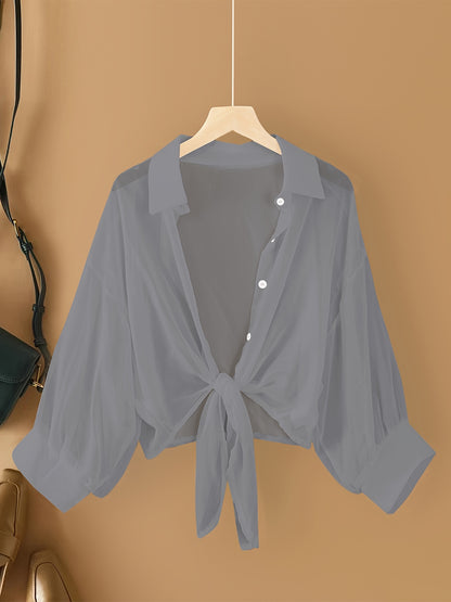 Plus Size Chic Solid Collared Blouse - Comfortable 3/4 Sleeves, Versatile Button Design - Perfect for Spring & Fall - Womens Fashionable Plus Size Wardrobe Staple