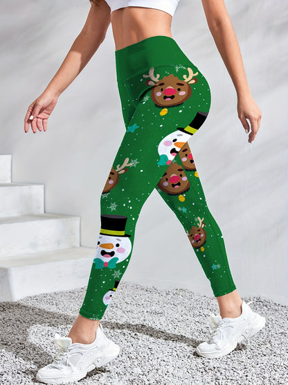 Women'S High-Waisted Yoga Leggings, Christmas Cartoon Snowman & Reindeer Print, Quick-Dry Breathable Fabric, Stretchy Polyester, Color Block Detail, Regular Fit, All-Season Fitness Wear