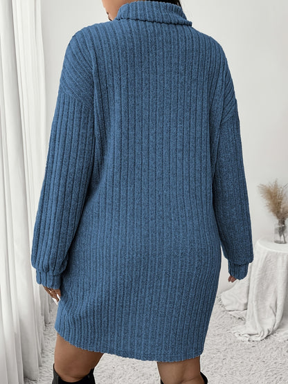 Women'S Plus Size High Neck Rib-Knit Knit Dress, Casual Long Sleeve Knee-Length Pullover