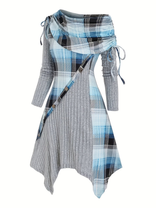 Plus Size Stunning Plaid Panel Dress - Long Sleeve, Foldover Button Decor, Casual, Comfortable, and Flattering - Women's Plus Size Clothing for Daily Wear