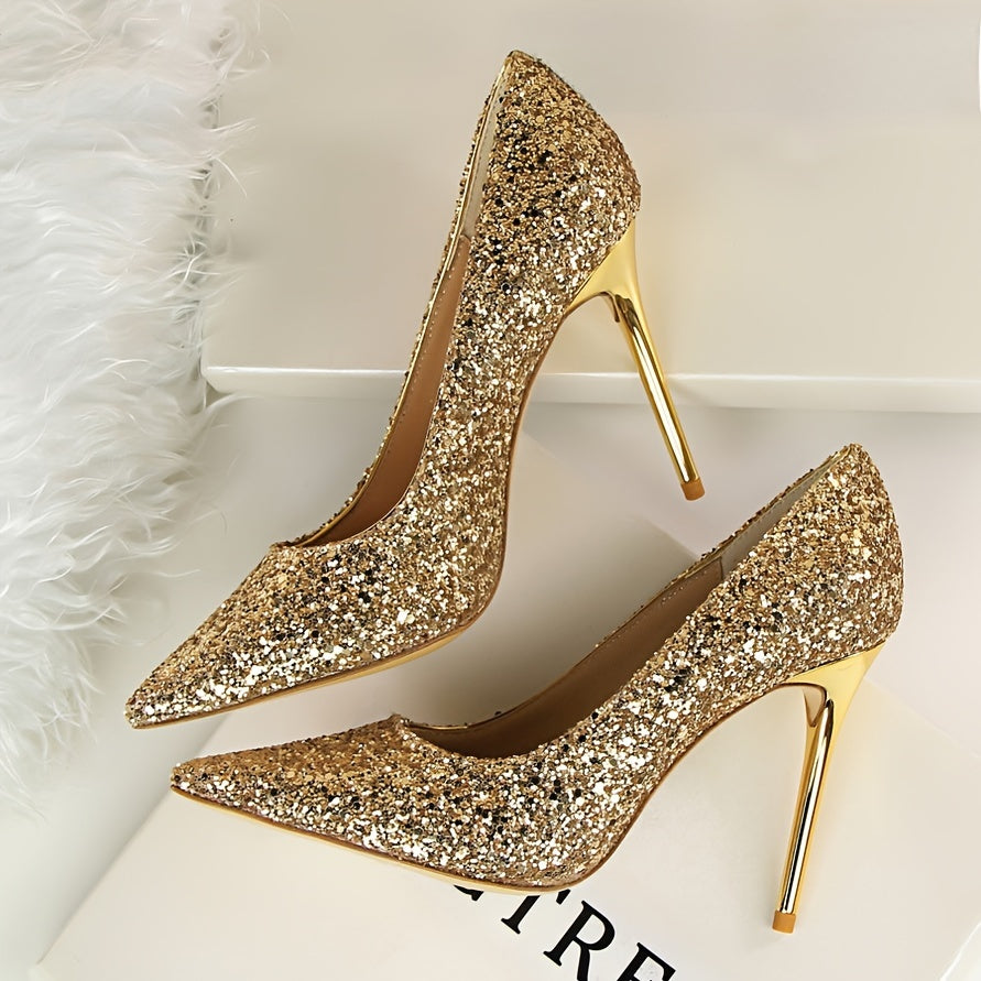 Sparkling Glamour Stilettos: elegantes zapatos de fiesta de tacón alto con punta puntiaguda, deslumbrantes detalles de lentejuelas, cómodas plantillas y resistente contrafuerte para mujer