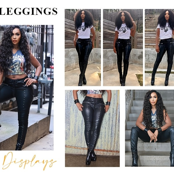 Women's Faux Leather Leggings Gothic Punk Skinny PU Leather Pants Mid Rise Novelty Studded Tight Pants