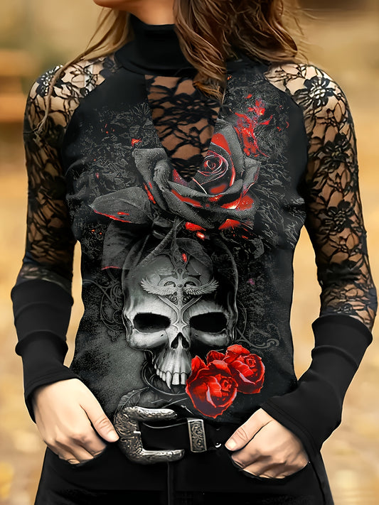 1pc Gothic Floral Skull Print Long Sleeve T-Shirt for Women, Casual Stand Collar Knit Polyester and Spandex Top, All-Season Regular Length Tee