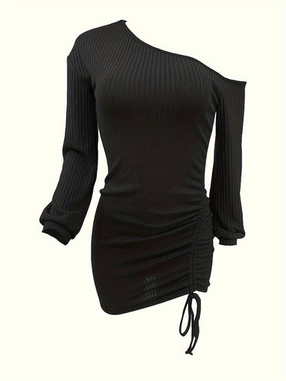 Women'S Sexy Midi Bodycon Dress, Long Sleeve Off Shoulder Knit Fabric, Drawstring Ribbed Polyester Spandex Blend