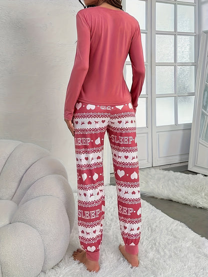 Womens Cozy Long Sleeve Geometric & Letter Print Pajama Set - Soft Micro Elastic Polyester, Notched Collar, Button Front, Relaxed Fit for Casual Comfort - Perfect for Spring, Fall, and Winter