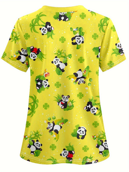 Chic Panda Print V-Neck Scrub Top with Functional Pockets - Comfortable & Stretchy Healthcare Uniform for Women, Short Sleeve