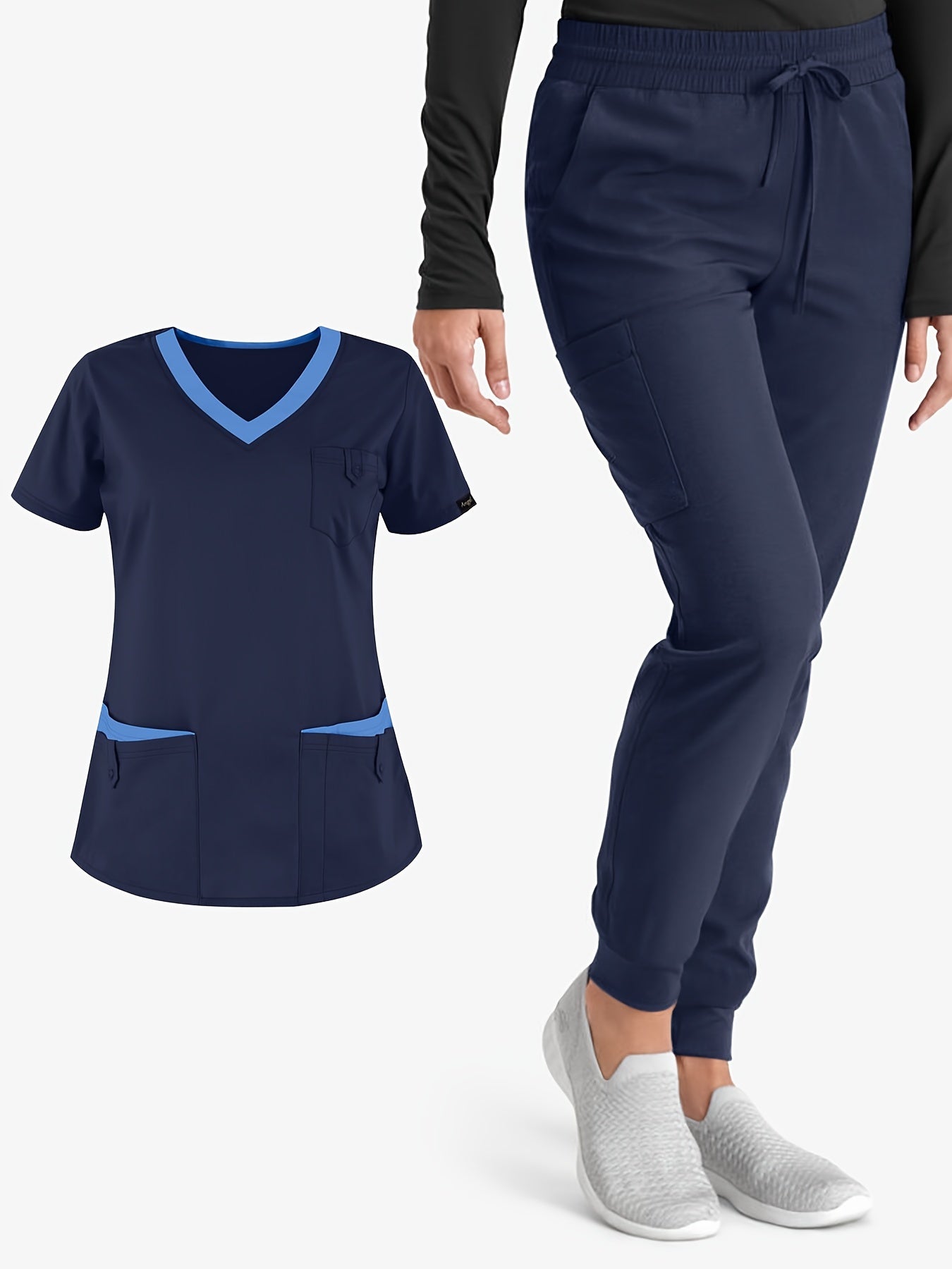 Two-Piece Solid Scrub Set - Elegant V-Neck Top and Drawstring Pants Outfit with Comfortable Fabric, Medical and Health Care Uniform for Women, Classic Design, Easy Care, and Professional Look