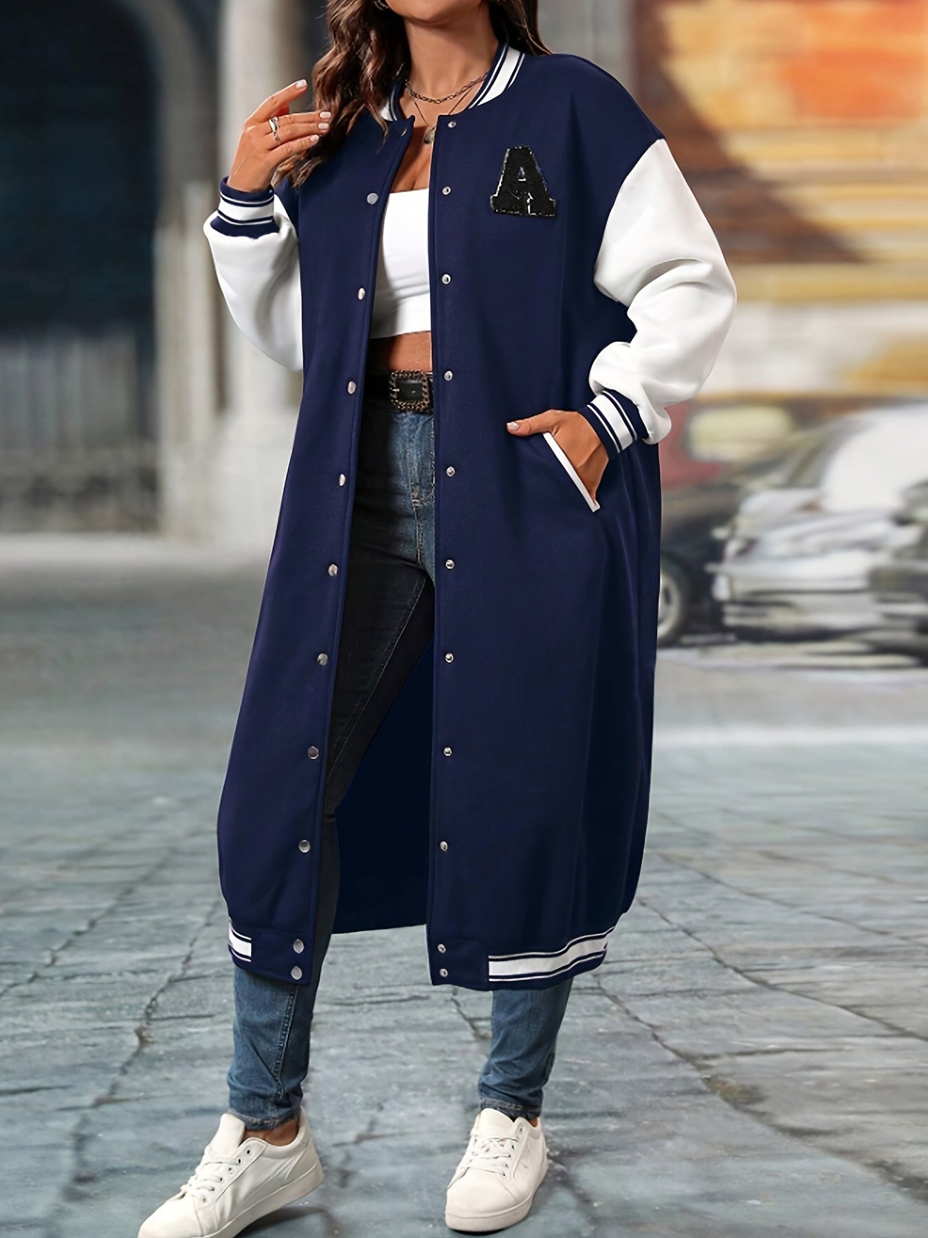 Plus Size Color Block Button Front Jacket, Casual Long Sleeve Longline Jacket For Fall & Winter