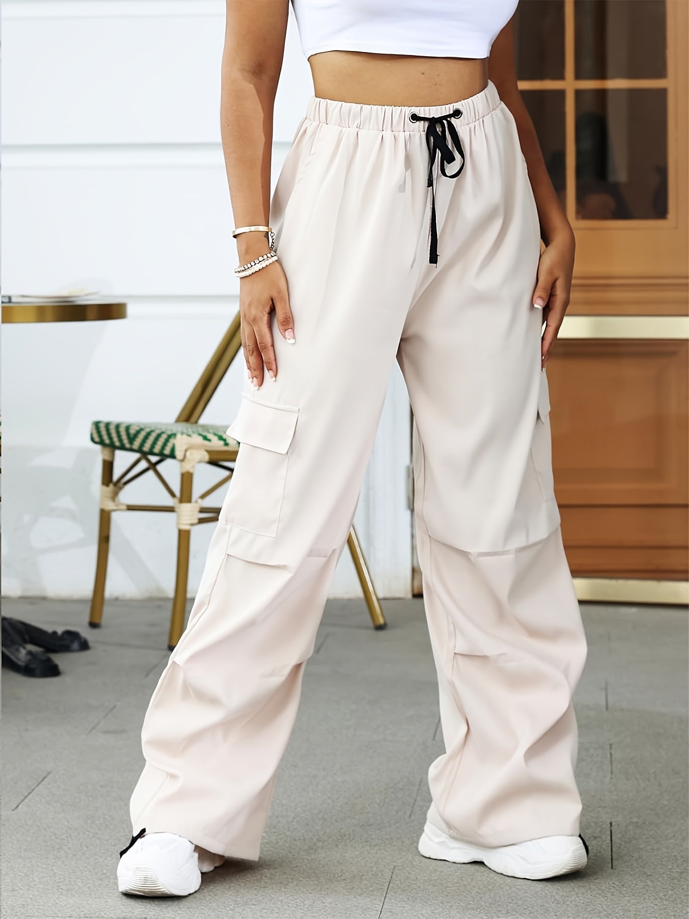 Pantalones cargo con bolsillos con solapa sólida, pantalones casuales con cintura elástica y cordón ajustable para primavera y verano, ropa de mujer