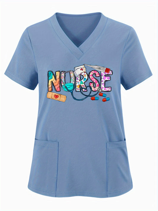 Nurse Letter Graphic Print V Neck Scrub Tops, Elegant Patched Pockets Short Sleeve Nurse Uniform, Women's Clothing