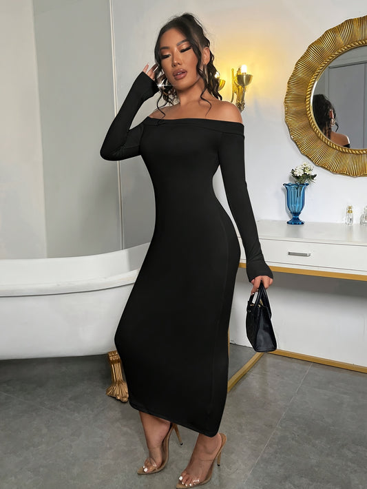 Chic Off Shoulder Solid Dress - Flattering Long Sleeve, Perfect for Parties & Banquets - Premium Womens Fashion