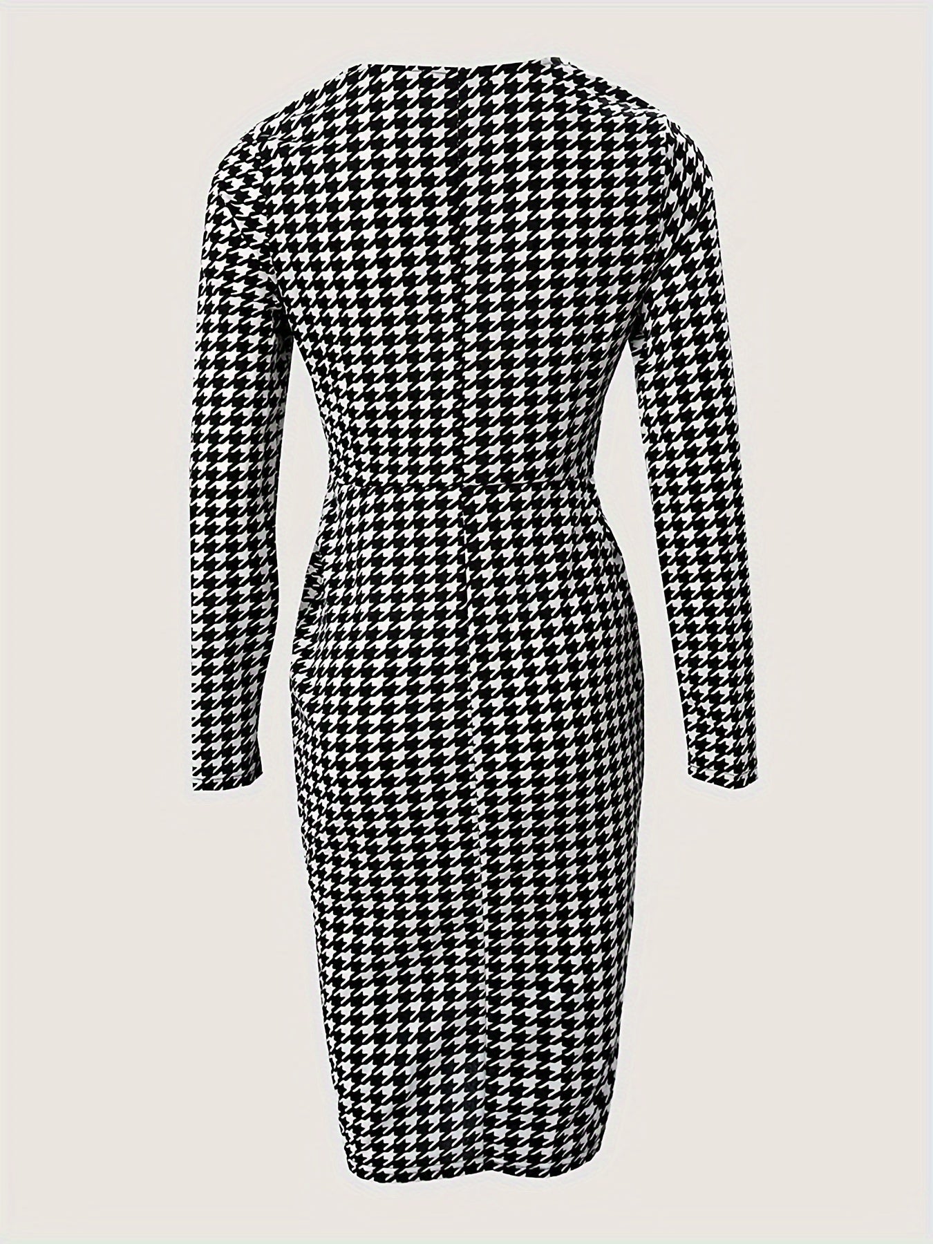 Stunning Plus Size Houndstooth Print Bodycon Dress - Plus Size Dresses - Long Sleeve, V Neck, Elegant