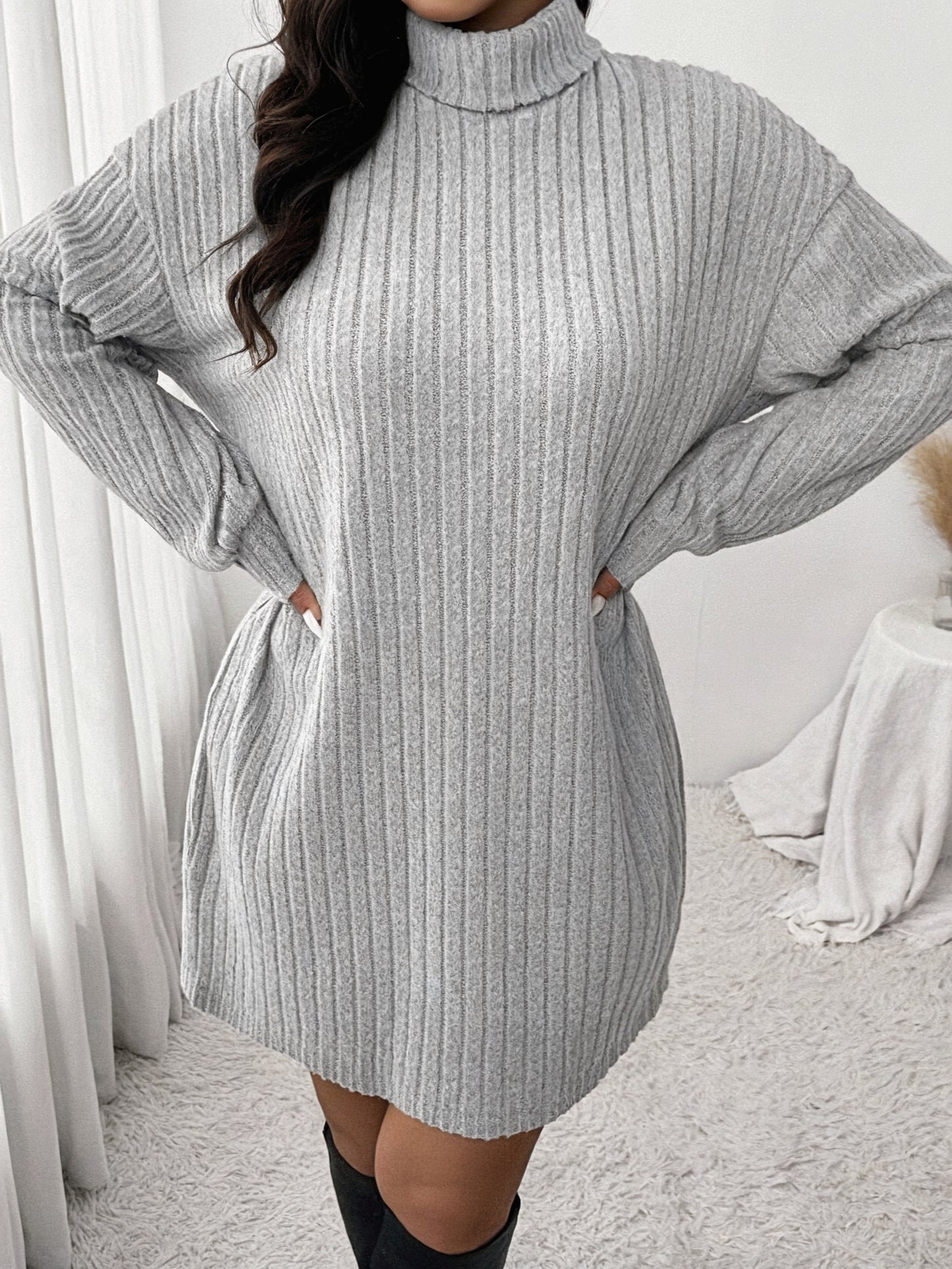 Women'S Plus Size High Neck Rib-Knit Knit Dress, Casual Long Sleeve Knee-Length Pullover