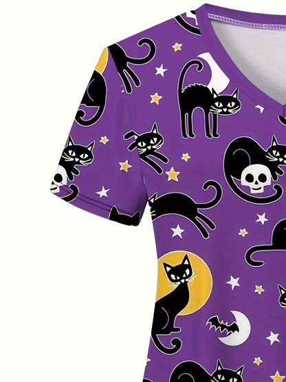 Spooky Halloween Cartoon V-Neck Scrub Top - Soft, Breathable, Comfortable, Functional Health Care Uniform - Perfect for Working in Hospitals, Dental Offices, Women's Work Clothing for Medical Professionals