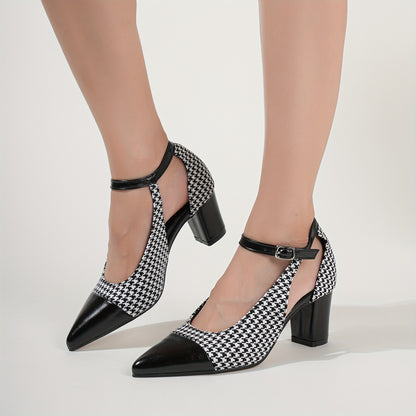 Mid Heel Womens Houndstooth Pattern Ankle Strap Shoes - Soft, Lightweight, Elegant Pointed Toe Dress Shoes with Block Heel, Faux Leather Insole, and Rubber Sole - Perfect for All-Season Wear