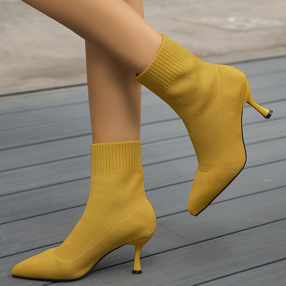 Stiletto Ankle Boots, Fashion Solid Color Knitted Slip On High Heeled Boots