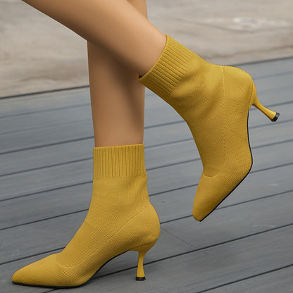 Stiletto Ankle Boots, Fashion Solid Color Knitted Slip On High Heeled Boots