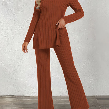 Trendy Two-Piece Ribbed Pantsuit Set - Long Sleeve Crew Neck Split Top & Strait Pants Outfit