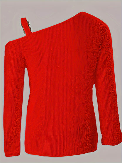 Plus Size Cold Shoulder Fuzzy Top - Soft, Chain Decor, Long Sleeve, Solid Color, Casual Wear for Spring & Fall - Women's Comfortable Clothing for Daily Life