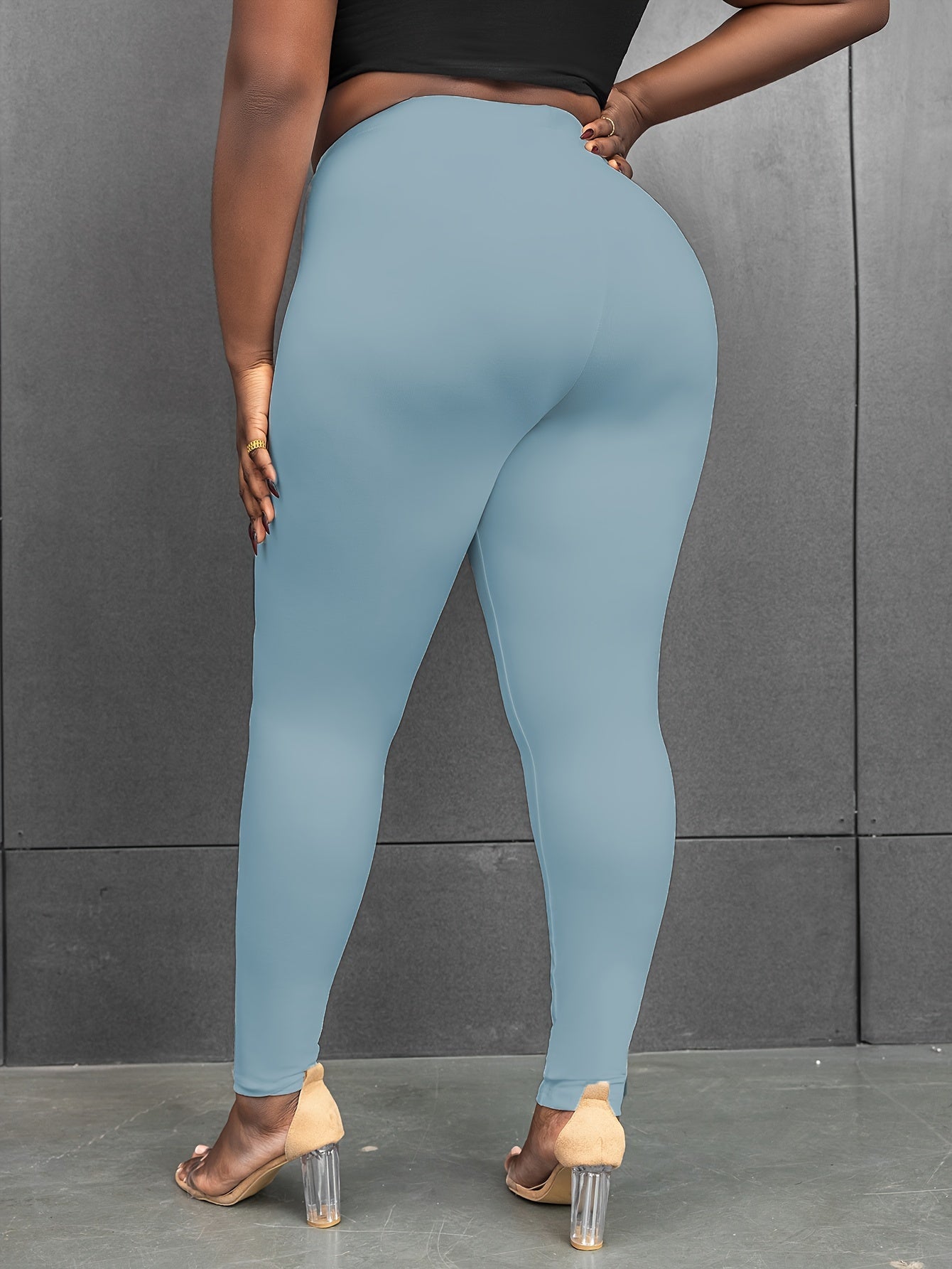 Plus Size Basic Leggings, Solid Elastic High Rise High Stretch