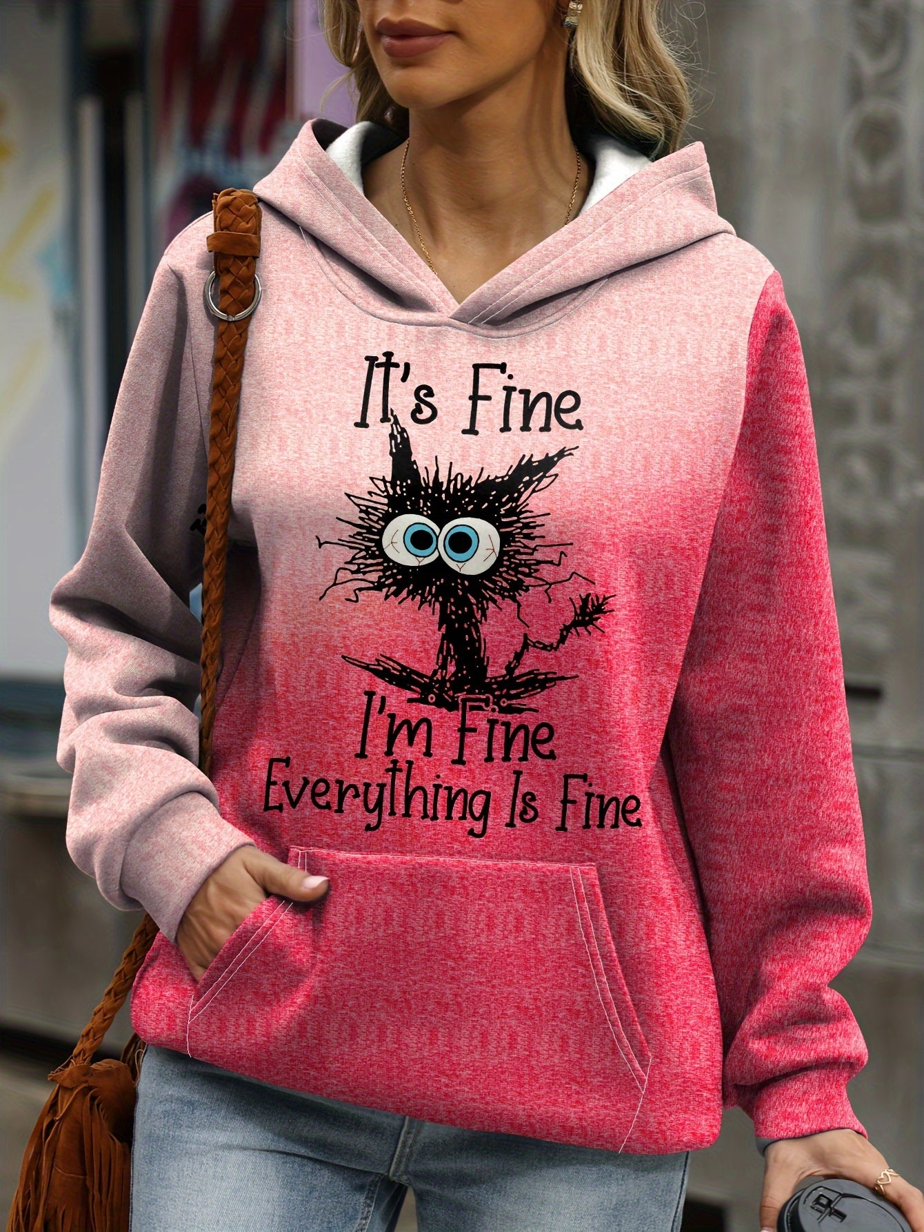 Plus Size Hooded Sweatshirt with Cat Graphic - Long Sleeve, Slight Stretch & Kangaroo Pocket - Casual Wear