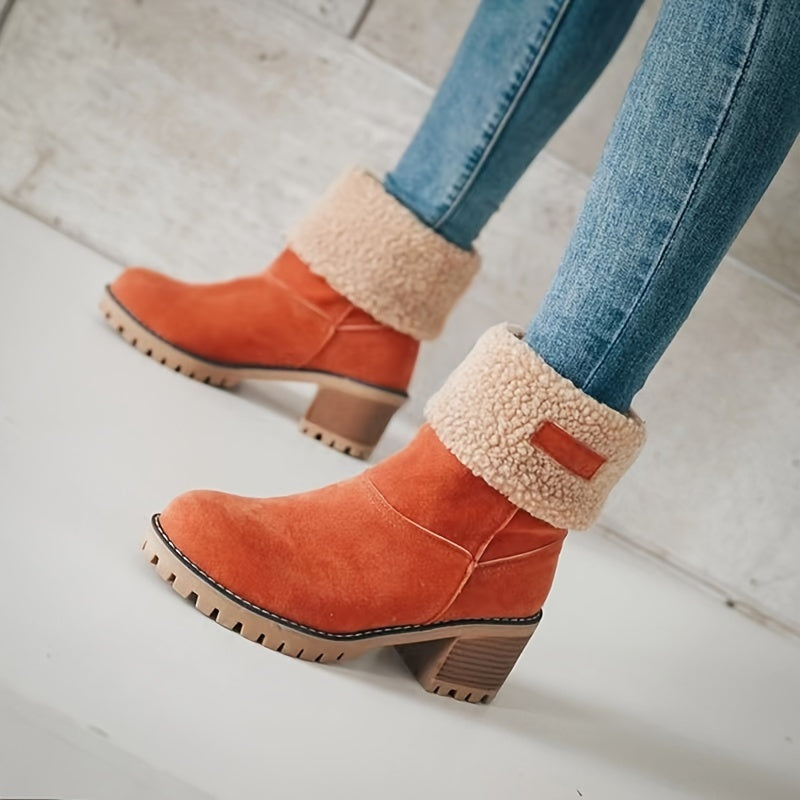 Cozy Winter Chunky Heel Boots - Soft Plush Lined, Slip-On Design, Comfortable Ankle Support, Warm Insulation, Casual Style for Daily Wear - Perfect for Cold Weather - LuxyXO