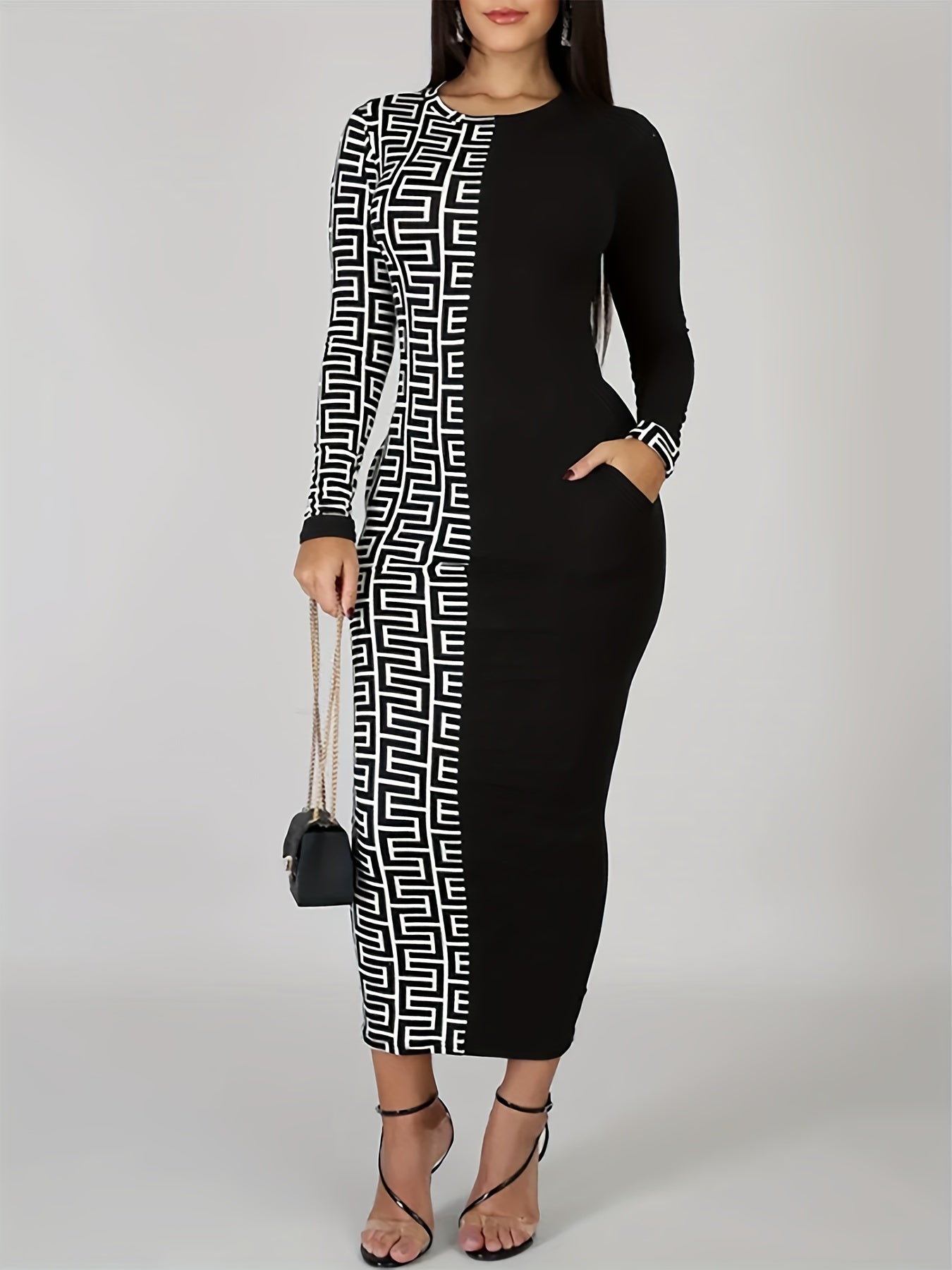 Stunning Plus Size Retro Colorblock Geometric Print Dress - Plus Size Dresses - Long Sleeve, Round Neck, Bodycon, Midi, Women's Fashionable Party Wear with Vibrant Colors and Unique Pattern