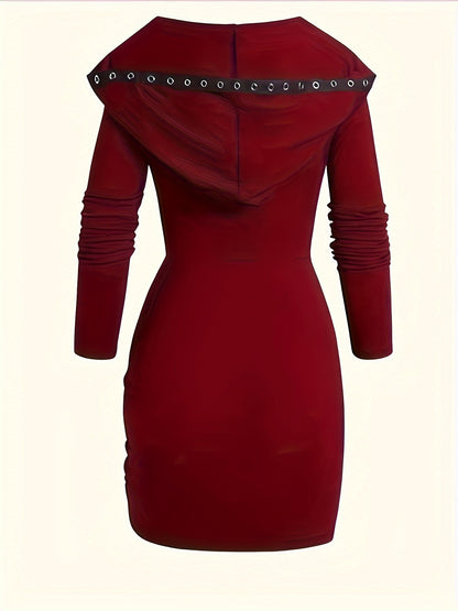 Y2K-Inspired Gothic Hooded Mini Dress - Solid Color, Ruched & Slim Fit with Drawstring Detail, Machine Washable - Perfect for Spring/Fall