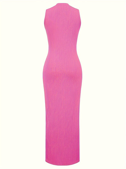 Solid Sleeveless Dress, Casual Crew Neck Bodycon Maxi Dress, Women's Clothing