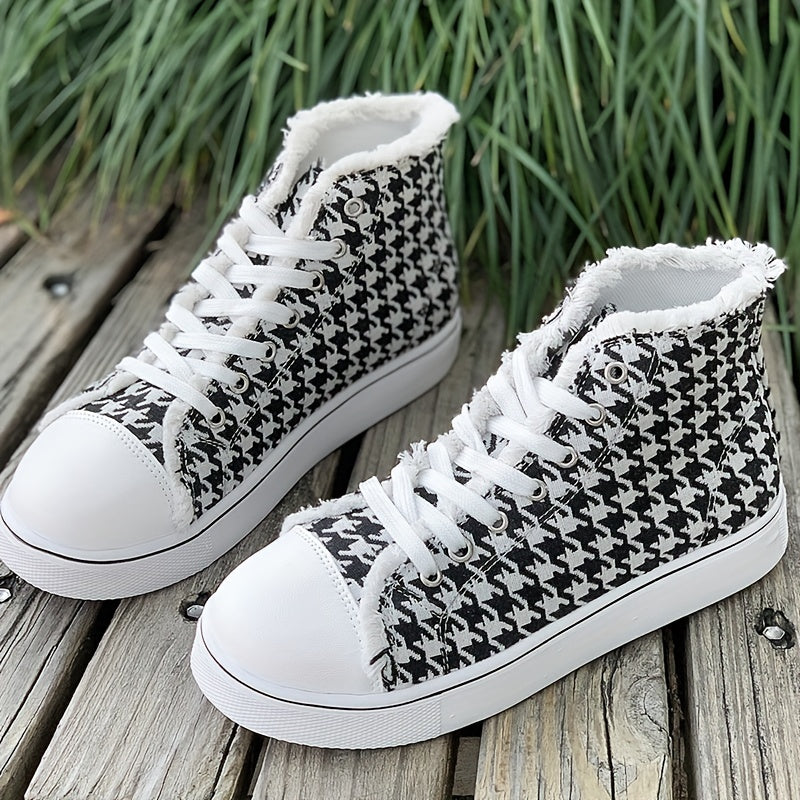 Womens Houndstooth Canvas Sneakers - Round Toe Comfort, High Top Style, Casual Flat Sole, Durable Skate-Inspired Shoes