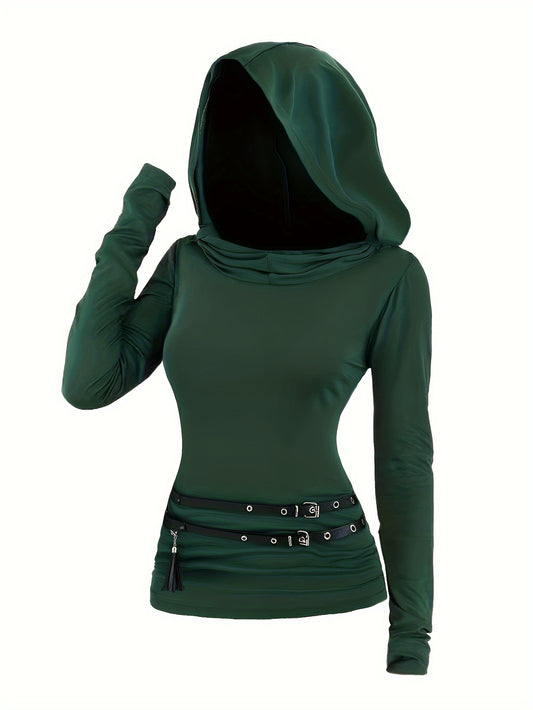 Solid Ruched Hoodie, Y2K Long Sleeve Belted Hoodie, Women's Clothing