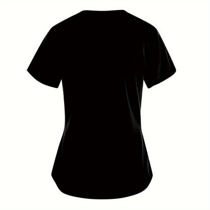 Back view of black short sleeve V-neck scrub top for women with comfortable fitted design and practical patch pockets