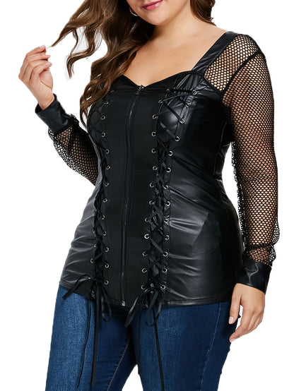 Women'S Plus Size Edgy Faux Leather Lace-Up Corset Top With Mesh Sleeves Gothic Punk Criss Cross Zip Up Top