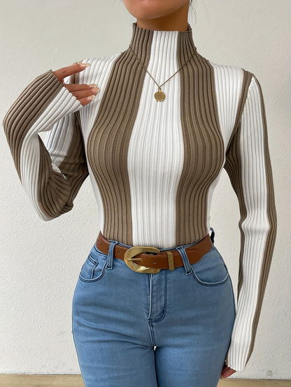 Rib Knit Color Block Mock Neck Sweater, Elegant Long Sleeve Sweater For Fall & Winter