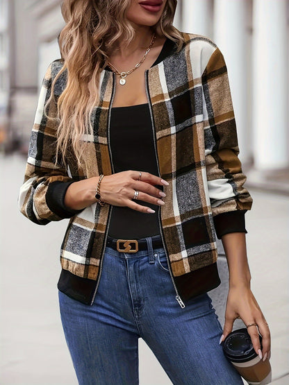 Plus Size Womens Plaid Bomber Jacket - Stylish Casual Wear with Smooth Zipper Closure and Flattering Slim Fit - Fashionable Plaid Pattern, Comfortable Long Sleeves for Everyday Chic