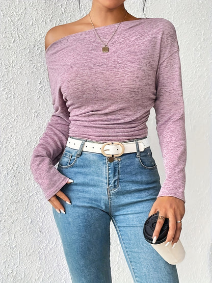 Blusa elegante de mujer con cuello asimétrico, fruncida, de manga larga y versátil para primavera y otoño