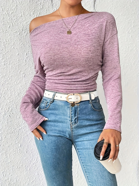 Blusa elegante de mujer con cuello asimétrico, fruncida, de manga larga y versátil para primavera y otoño