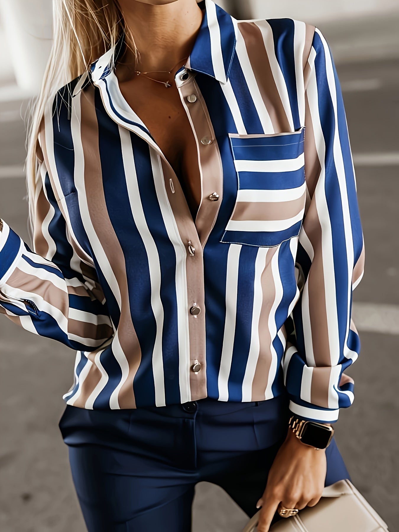 Stylish Plus Size Stripe Print Button Up Shirt - Plus Size Blouses with Turn Down Collar, Long Sleeve, Casual Chic Design for Spring - Soft, Breathable, Comfortable Women's Clothing for Curvy Figures