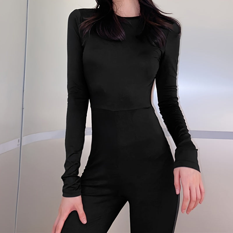 Black Simple Casual High Elastic Tight Sexy Backless Long-Sleeved Straight-Leg Wide-Leg Jumpsuit