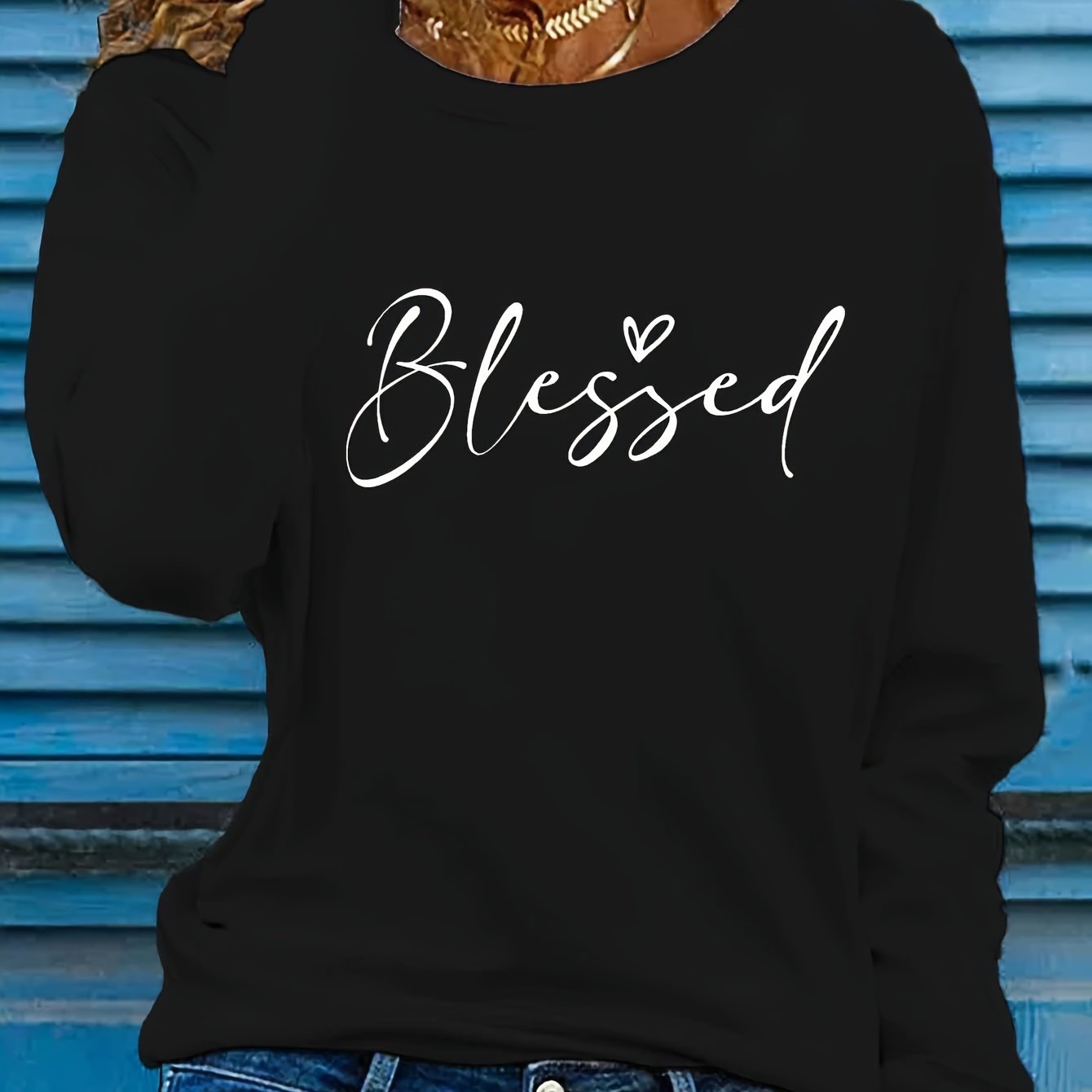 Camiseta de cuello redondo Blessed, camiseta informal de manga larga