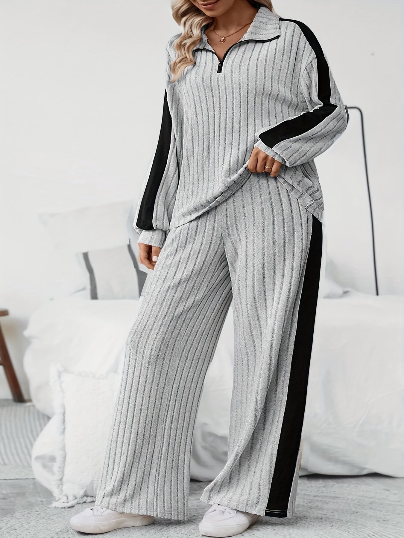 Plus Size Side Striped Ribbed Sweatshirt Set, Casual Half Zip Long Sleeve Sweatshirt & Wide Leg Pants Outfit