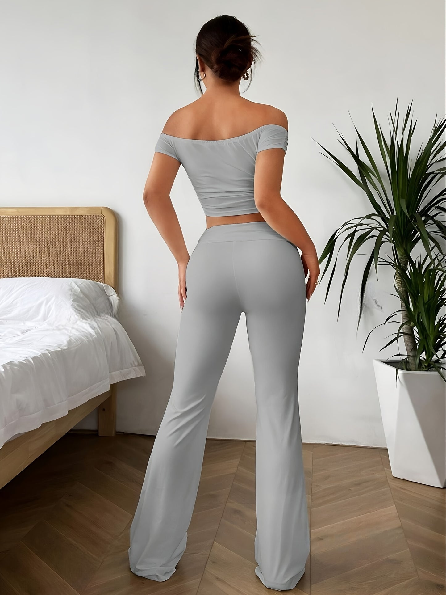 Off Shoulder Crop Top - Flared Leg Pants Set - LuxyXO