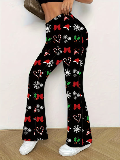 Women's High-Waist Flare Pants with Unique Christmas Print - Stretchy Polyester Blend, Machine Washable, Non-See-Through, All-Season Comfort Fit for Everyday & Party Wear