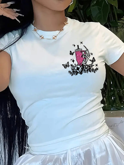 Camiseta de manga corta con cuello redondo y estampado de letras y calaveras vibrantes: prenda informal cómoda para mujer, perfecta para verano y primavera, ajuste relajado, tela de alta calidad, fácil cuidado, elegante camiseta gráfica para uso diario