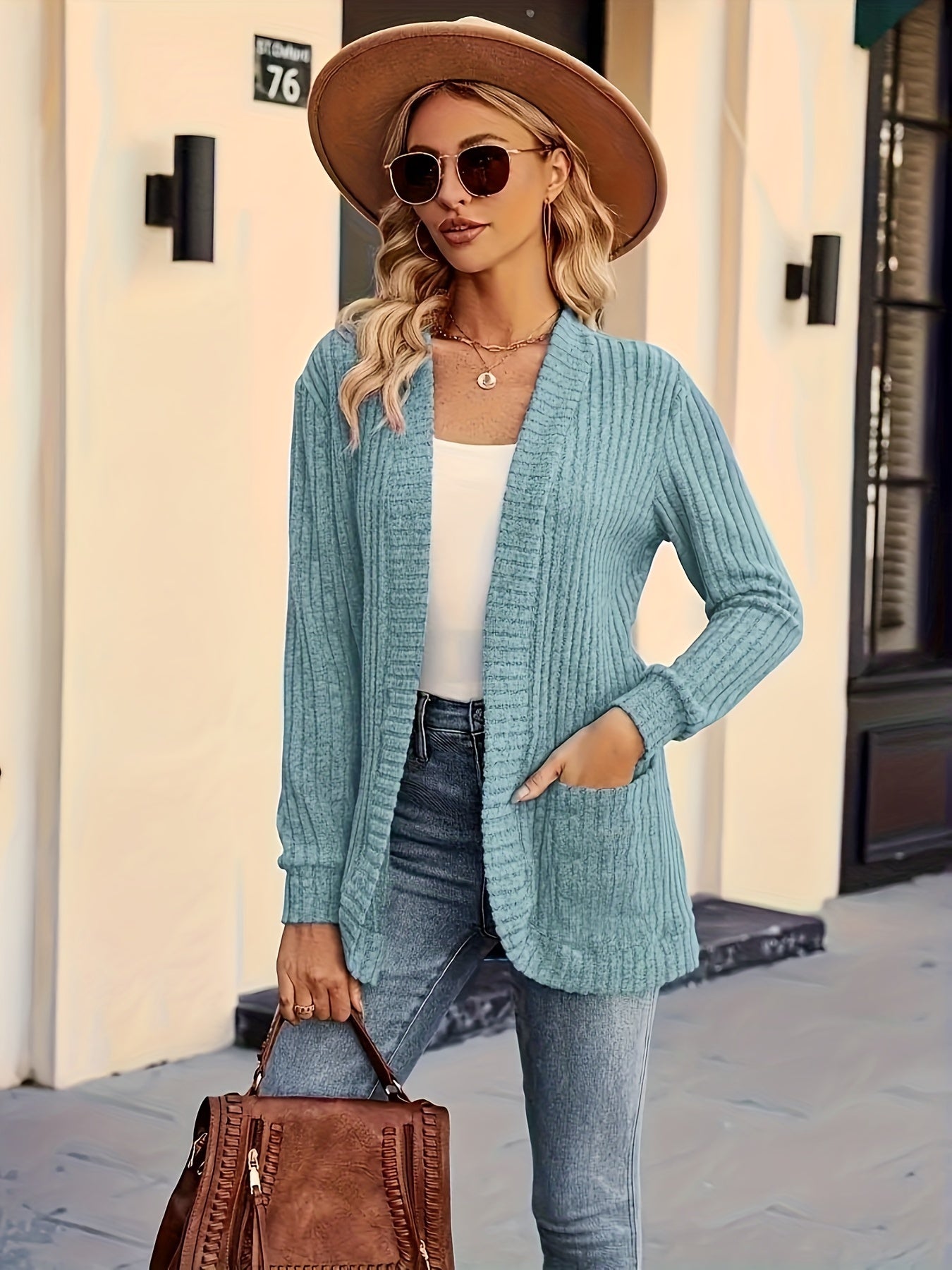 Long Sleeve Elegant Solid Color Open Front Cardigan with Pocket