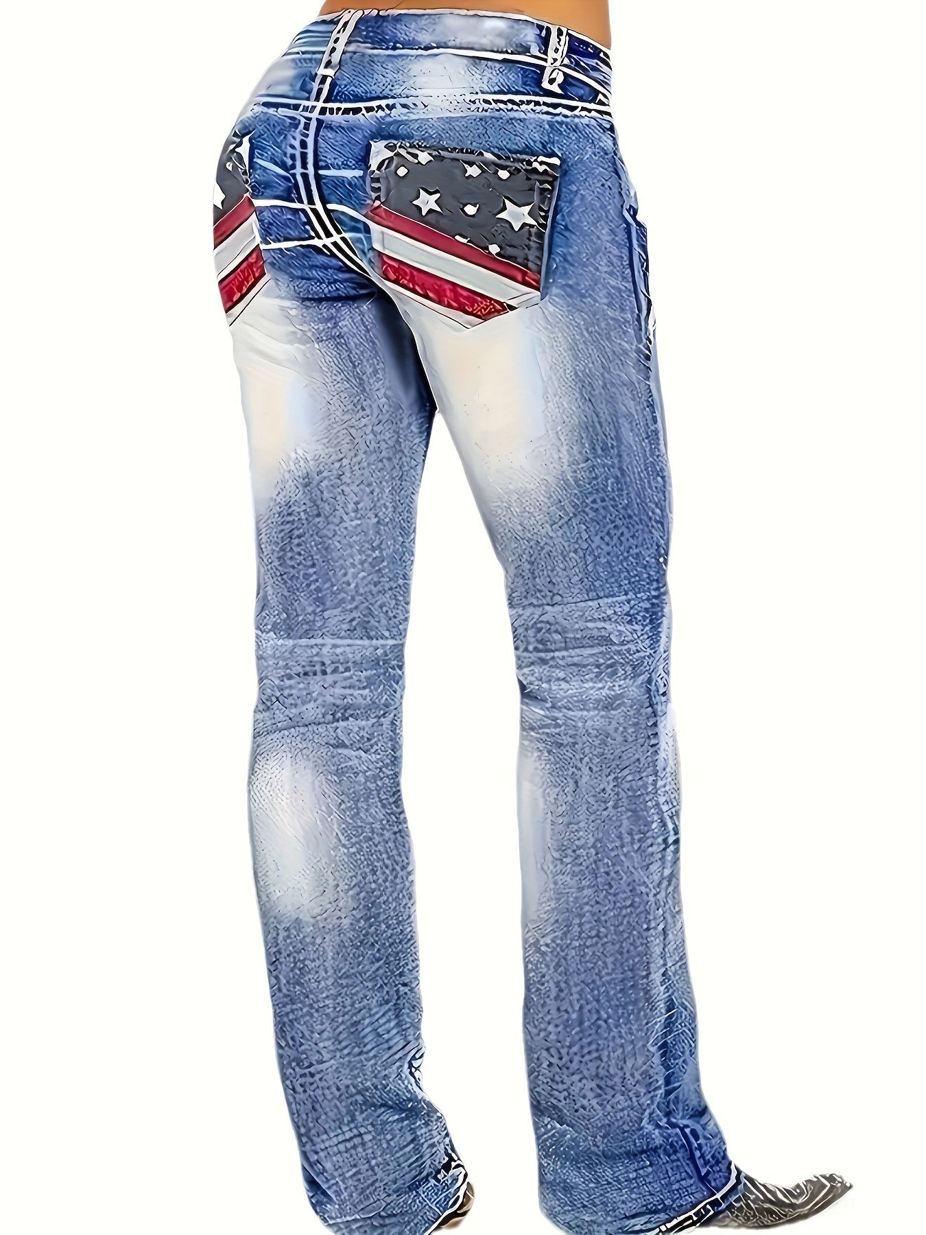 Plus size American flag print patch pocket denim pants, straight leg, washed blue, whiskering effect, women's casual 4th of July jeans.