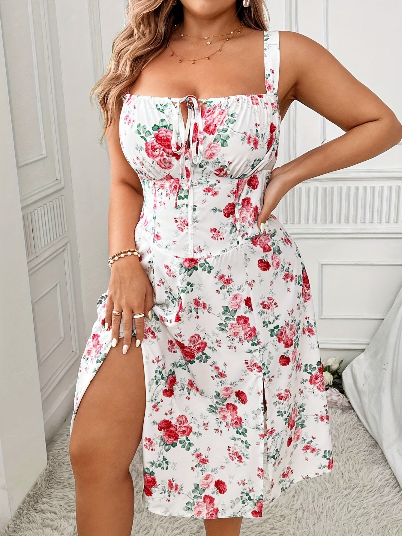 Plus Size Floral Chic Tie Front Strap Dress - Elegant Sleeveless Split Design, Flowy Comfortable Fabric, Perfect for Summer, Women's Curve-Hugging Clothing, Ideal for Outdoor Events and Casual Daily Wear