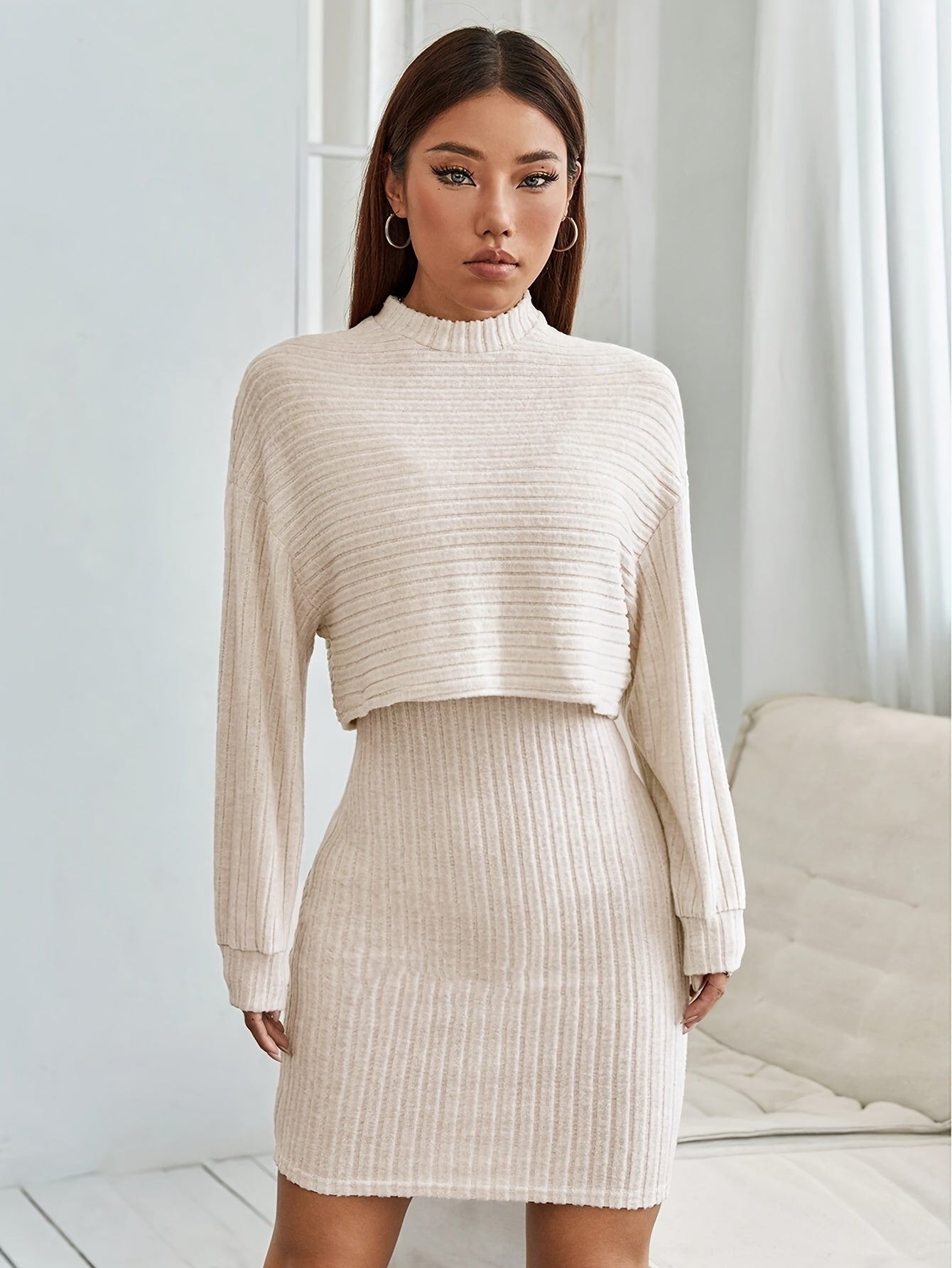 Elegant Solid Color Skirt Set - Dress Suits for Women, Mock Neck Long Sleeve Top, High Waist Bodycon Skirt, Perfect for Spring and Fall Seasons, Comfortable and Chic Clothing